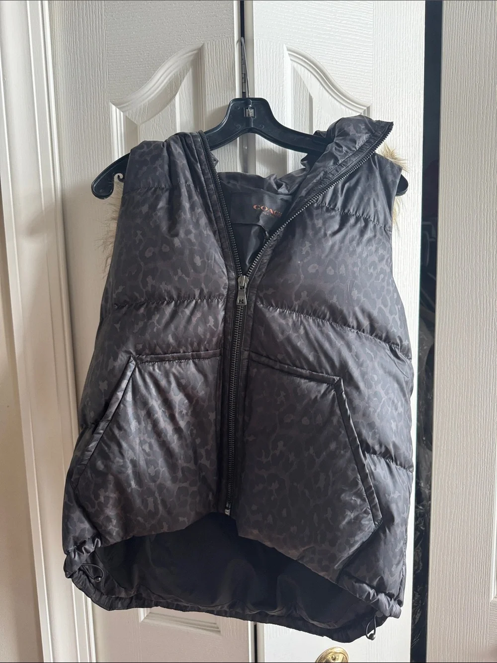 Coach Black Quilted Hooded Vest with Subtle Leopard Print